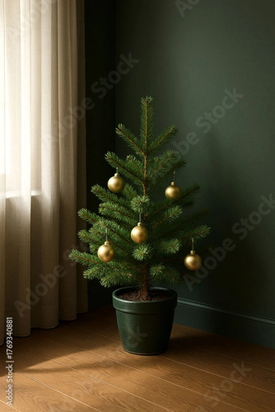 Obraz Minimalist Christmas Tree in Cozy Modern Interior with Golden Ornaments