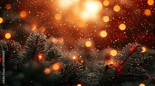 Fototapeta Evergreen branches adorned with warm glowing lights and soft falling snowflakes create a magical winter atmosphere, evoking feelings of joy and celebration during the holiday season