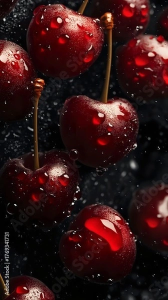 Fototapeta Fresh ripe cherries with water drops on dark background, macro photography showing juicy texture and natural shine of wet red fruits.