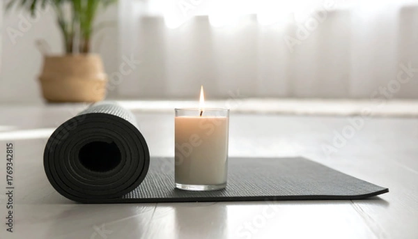 Fototapeta Rolled yoga mat beside a burning candle in a peaceful home interior. Symbol of relaxation, wellness, and balance