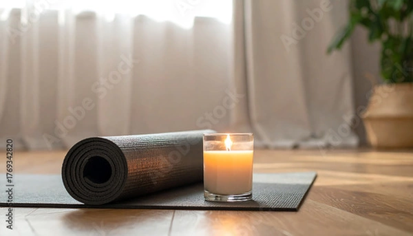 Fototapeta Rolled yoga mat beside a burning candle in a peaceful home interior. Symbol of relaxation, wellness, and balance