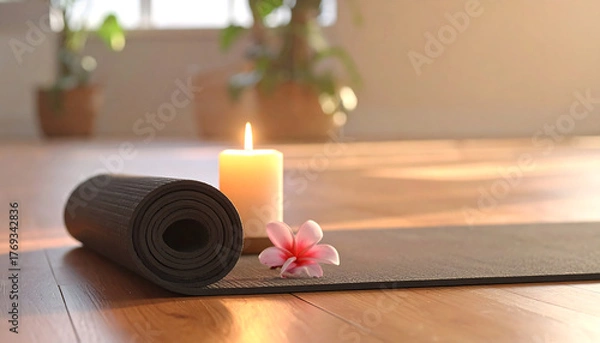 Obraz Rolled yoga mat beside a burning candle in a peaceful home interior. Symbol of relaxation, wellness, and balance