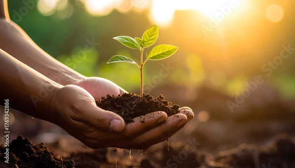 Obraz Hands gently holding a small green plant growing in soil, symbolizing sustainability, care, and hope for the future
