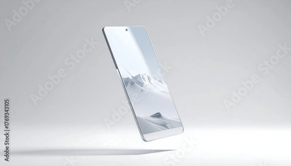 Fototapeta Transparent futuristic smartphone floating in midair over neutral background. Concept of future technology and digital minimalism
