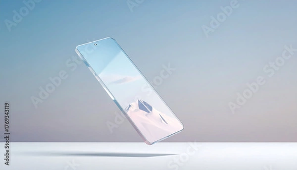 Fototapeta Transparent futuristic smartphone floating in midair over neutral background. Concept of future technology and digital minimalism