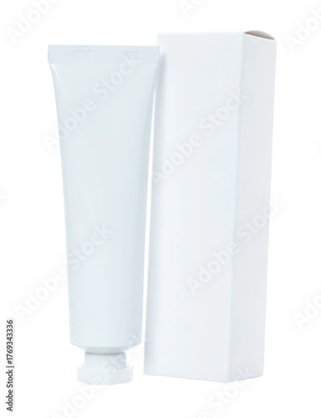 Fototapeta Blank white cosmetic cream tube with white box, isolated on a transparent background
