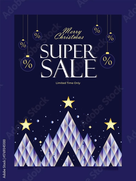 Obraz Elegant Merry Christmas Super Sale Poster Design in Dark Blue and Gold Theme with Hanging Ornaments, Stars, and Geometric Christmas Trees, Perfect for Holiday Promotions, Retail Discounts, and Winter