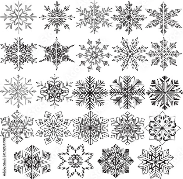 Fototapeta A vector seamless pattern composed of various winter snowflake shapes. Ideal for backgrounds, gift wraps, or textile designs, conveying a cold, festive atmosphere