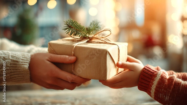 Obraz 大人の手が子供の手に、シンプルに包装されたクリスマスプレゼントを渡しているクローズアップ