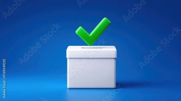 Fototapeta Green tick mark on white box green checkmark symbol rests on plain white square - green checkmark symbol rests on plain white square
