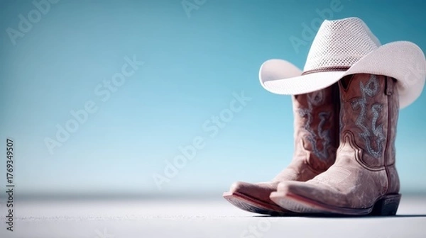 Obraz Cowboy hat and boots displayed traditional western attire includes hat and boots