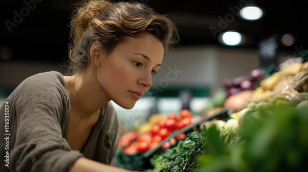 Obraz Female grocery worker arranging vegetables on shelf
