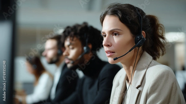 Obraz Focused female call center agent with headset
