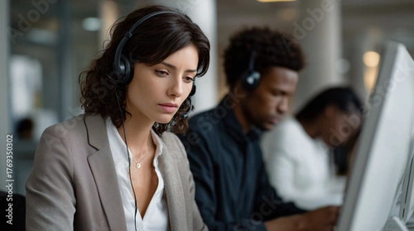 Obraz Focused female customer support representative using computer
