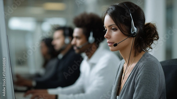 Obraz Female call center agent working with headset
