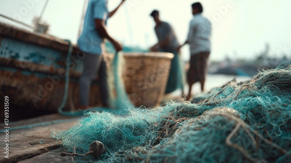 Obraz Fishing nets and boats at sunset harbor
