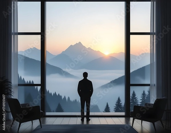 Fototapeta Silhouette Man Looking at Mountain View Through Large Window at Sunrise.