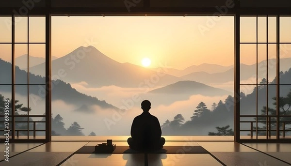 Fototapeta Meditating Peacefully and Watching the Sunrise in a Japanese Room Over Misty Mountains.
