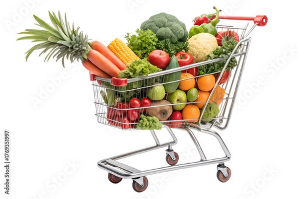 Fototapeta Shopping cart filled with fresh vegetables, fruits, and healthy grocery items. Isolated on a transparent background, PNG format. Ideal for supermarket advertising, nutrition, organic food concepts, an