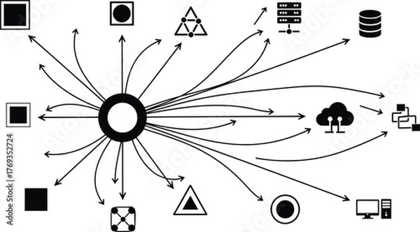 Fototapeta Centralized data flow diagram representing network architecture, big data processing, integration, hub and spoke model, and input/output connections for technology.