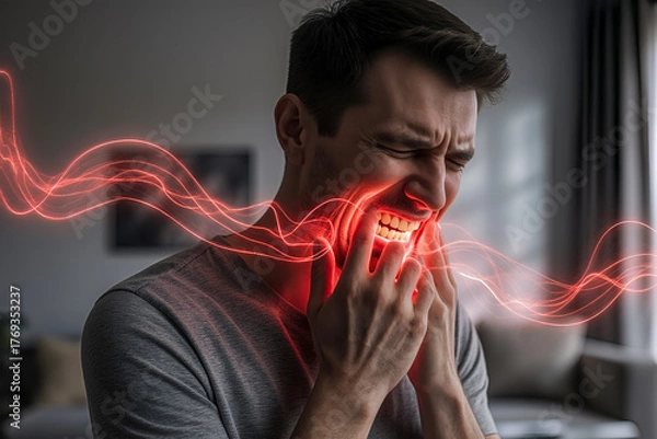 Obraz Man with toothache at home, periodontal disease in wisdom teeth, health problems concept