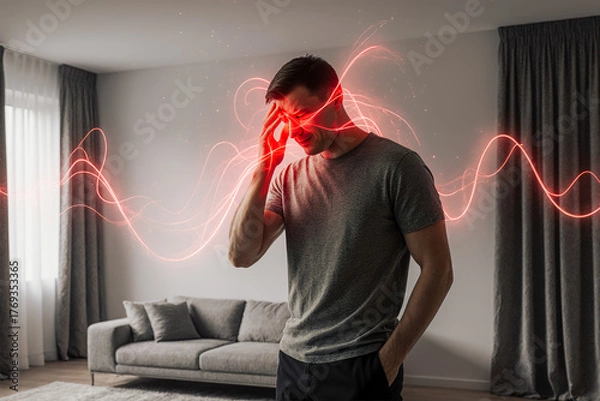 Obraz Headache and migraine, man with head pain at home, health problems concept