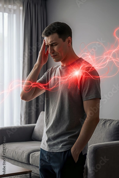 Obraz Headache and migraine, shoulder inflammation, man with head pain at home, health problems concept