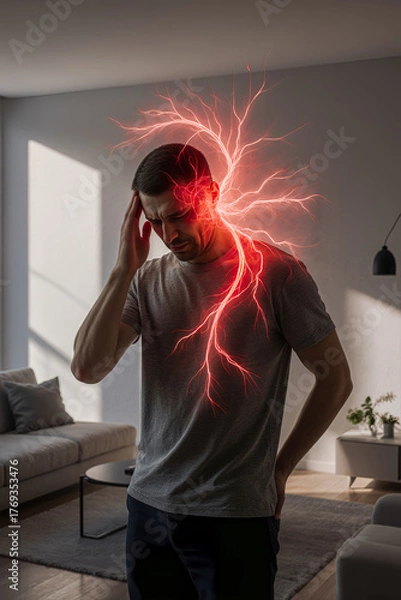 Obraz Headache and migraine, man with head pain at home, health problems concept