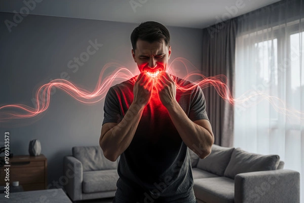 Obraz Man with toothache at home, periodontal disease in wisdom teeth, health problems concept