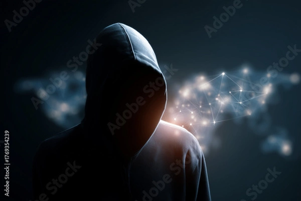 Obraz Hacker in hoodie with digital network background, cyber security concept
