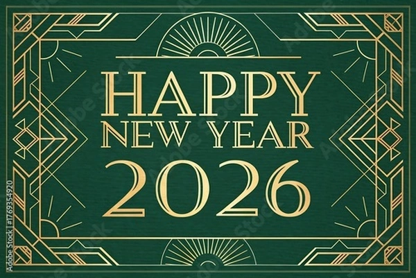 Fototapeta Happy New Year 2026 Greeting Card With Gold Art Deco Border On Green Background

