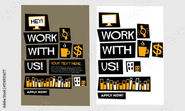 Fototapeta Work With Us! (Flat Style Vector Illustration Recruitment Poster Design) With Text Box Template 