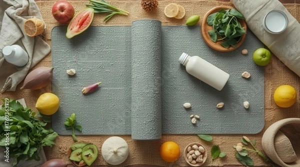 Obraz Healthy lifestyle flatlay with yoga mat, fresh fruits, and vegetables for wellness bloggers, nutritionists, and mindful living promotions now