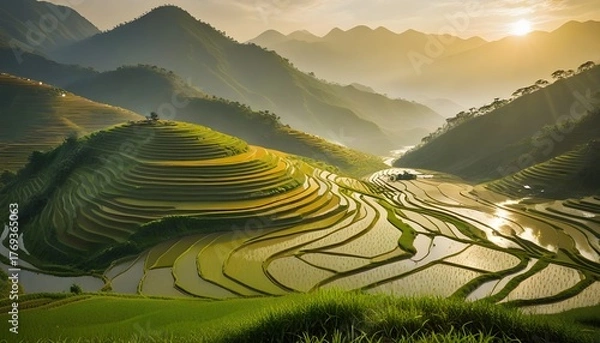 Fototapeta Golden Sunrise Over Lush Rice Terraces in Mountain Valley.