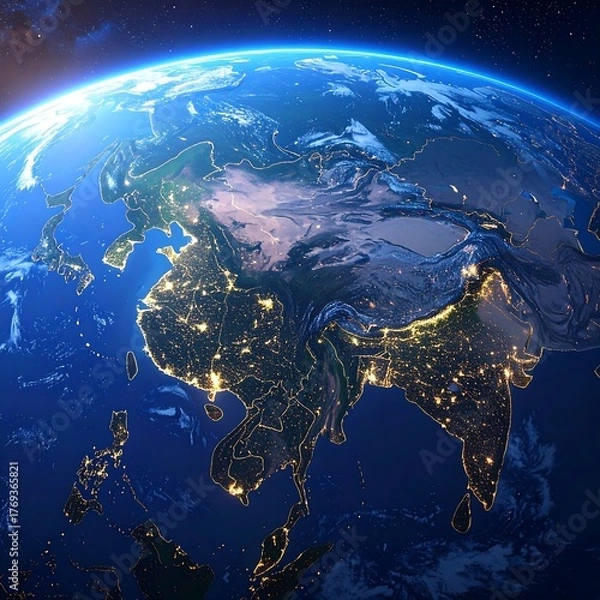 Fototapeta A breathtaking view of Earth at night, highlighting the Asian continent. City lights shimmer against a backdrop of deep blue space