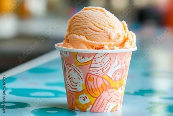 Fototapeta Ice cream scoop on Colorful paper cup, Orange flavor