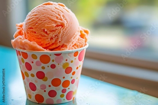Fototapeta Ice cream scoop on Colorful paper cup, Orange flavor