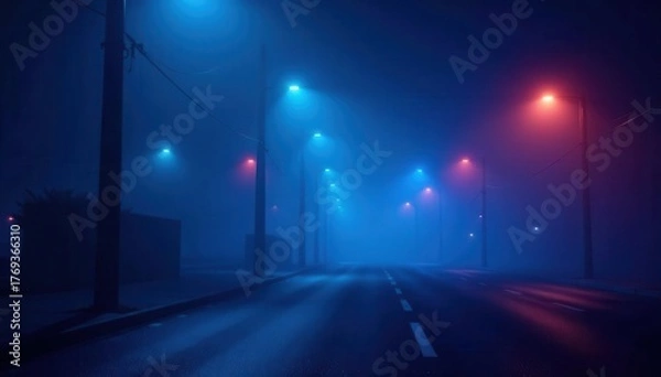 Obraz Blue neon lights illuminate misty street; dark abstract background , illustration, street
