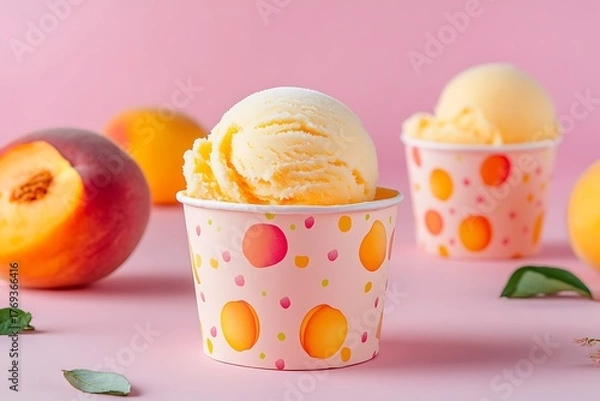 Fototapeta Ice cream scoop on Colorful paper cup, Peach flavor