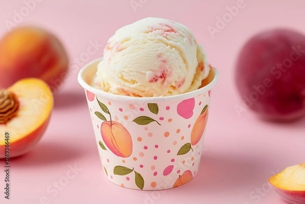 Fototapeta Ice cream scoop on Colorful paper cup, Peach flavor