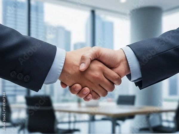 Fototapeta Business handshake between two partners in modern office showing agreement and partnership. Generative AI.