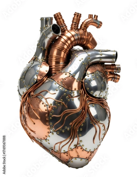 Fototapeta Steampunk metallic heart made of silver and copper with rivets and tubes on transparent background. Mechanic human organ biology concept.