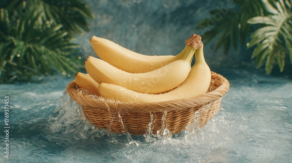 Fototapeta Fresh Bananas in a Woven Basket Surrounded by Tropical Leaves and Water Splashing