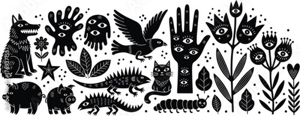 Obraz Black and white mystical animals and plants vector illustration