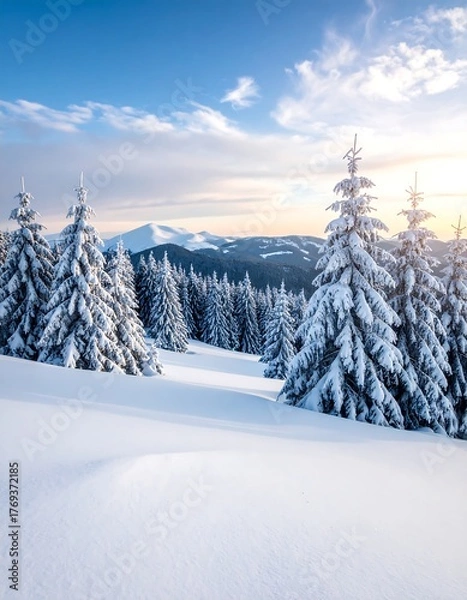 Fototapeta A breathtaking winter scene showcasing snow-covered evergreen trees, rolling hills, and distant mountain peaks under a bright, partly cloudy sky