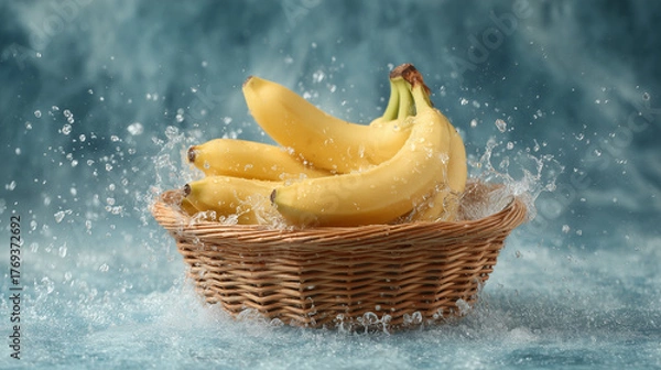 Fototapeta Fresh Bananas Splashing in Water with Wicker Basket on a Blue Background