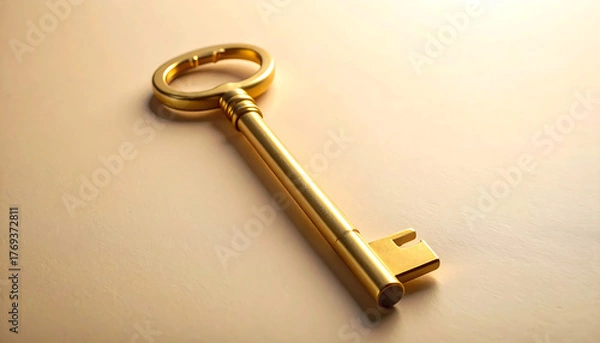 Fototapeta Golden key placed on beige background, elegant minimal composition symbolizing opportunity and success
