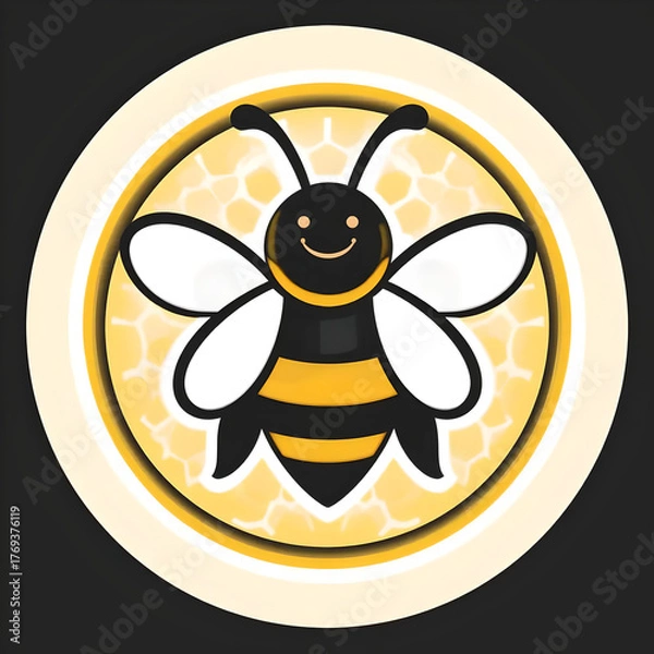Fototapeta Happy Cartoon Bee Mascot on Honeycomb Background