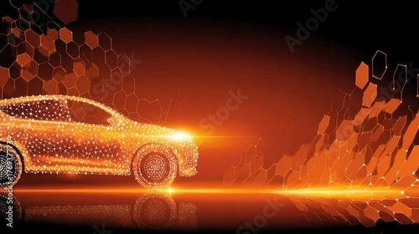 Fototapeta Digital rendering of a futuristic car with illuminated details against an abstract background