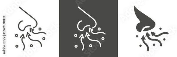 Fototapeta flat and linear set icons, nose icon, sense smell, odour scent, simple symbols on white and black background - editable stroke vector illustration